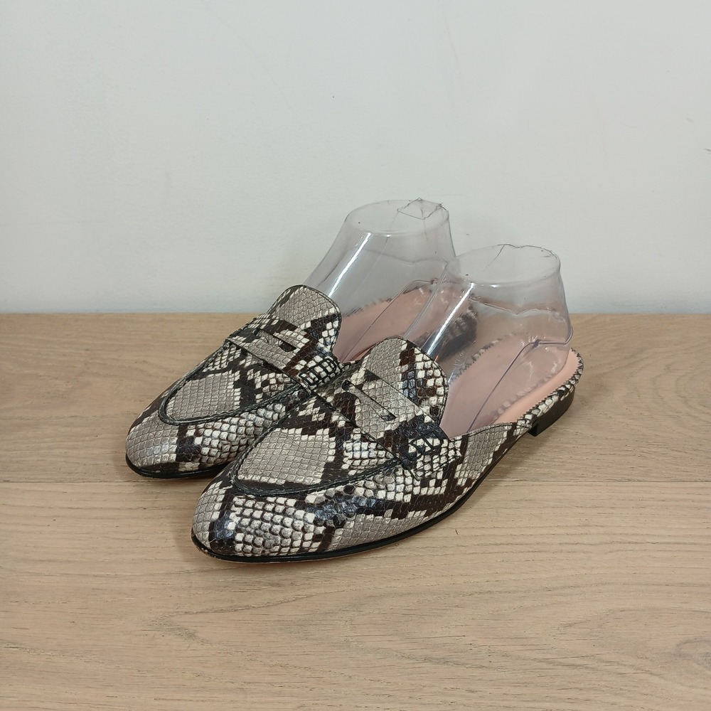 J.Crew Mules Women 8.5 Gray Leather Embossed Snakeskin Penny Loafer Pointed Toe